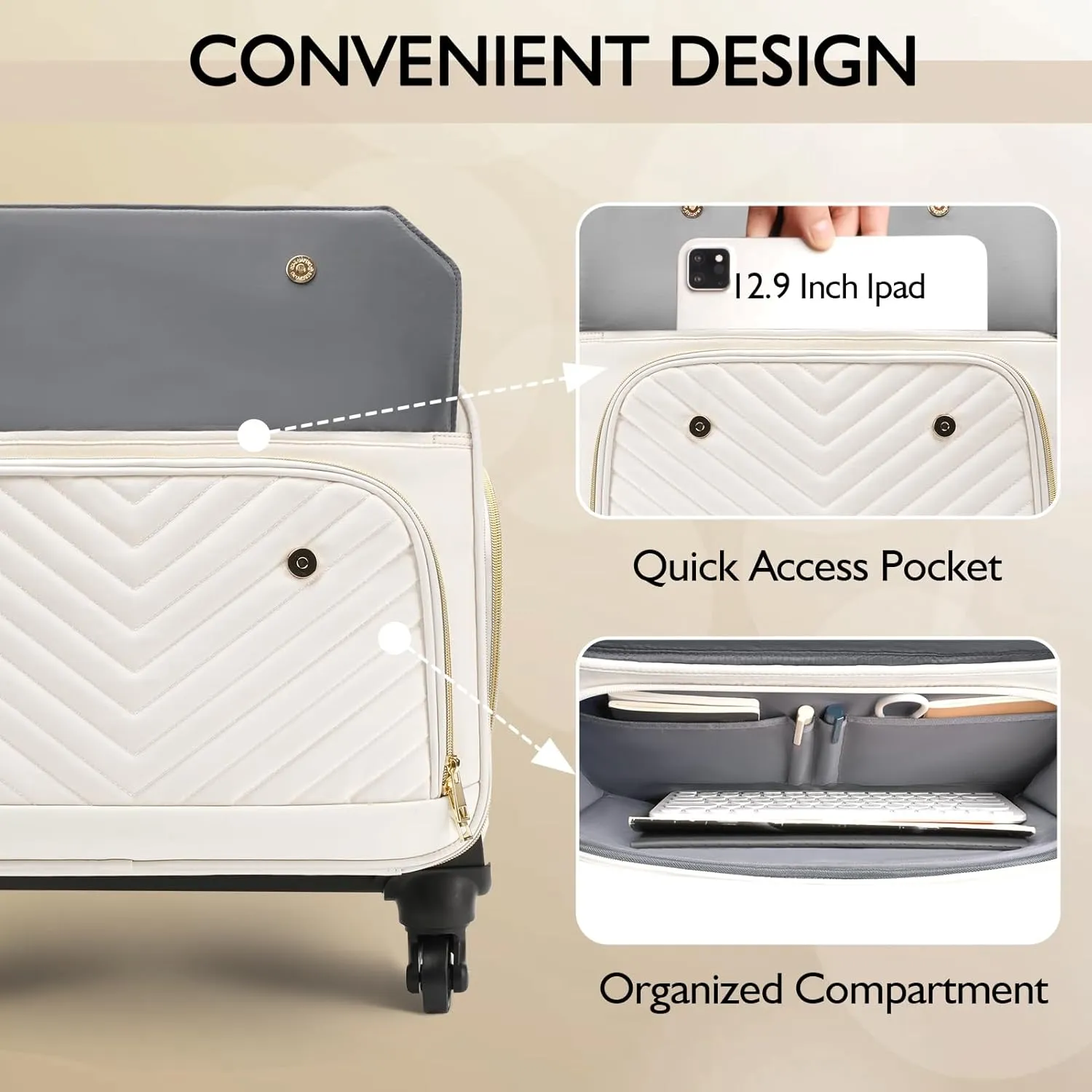 Rolling Briefcase for Women with 4 Spinner Wheels and Telescopic Extendable Handle, Laptop Bag with Wheels, Roller Computer Bag for Work Travel Carry On Luggage, TSA Friendly Design, Beige
