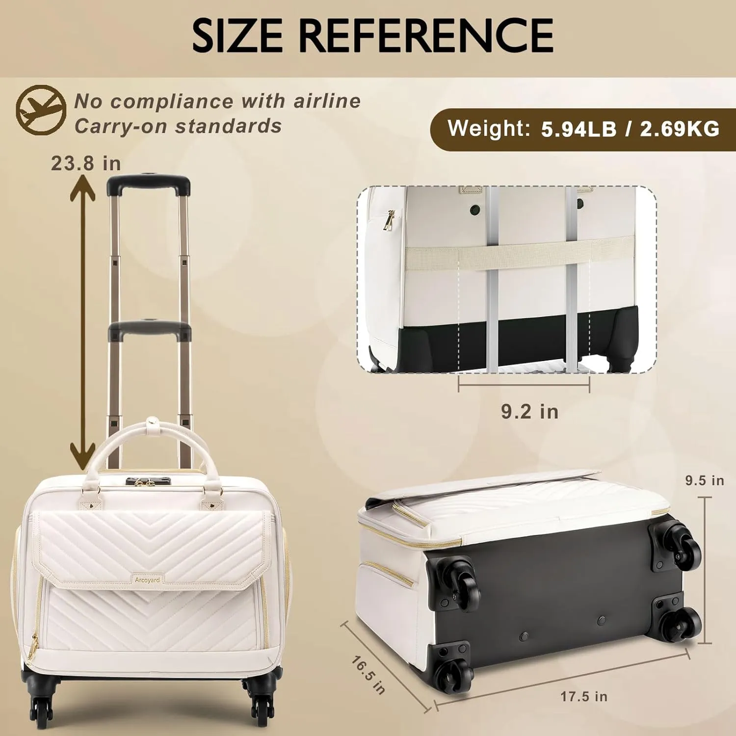 Rolling Briefcase for Women with 4 Spinner Wheels and Telescopic Extendable Handle, Laptop Bag with Wheels, Roller Computer Bag for Work Travel Carry On Luggage, TSA Friendly Design, Beige