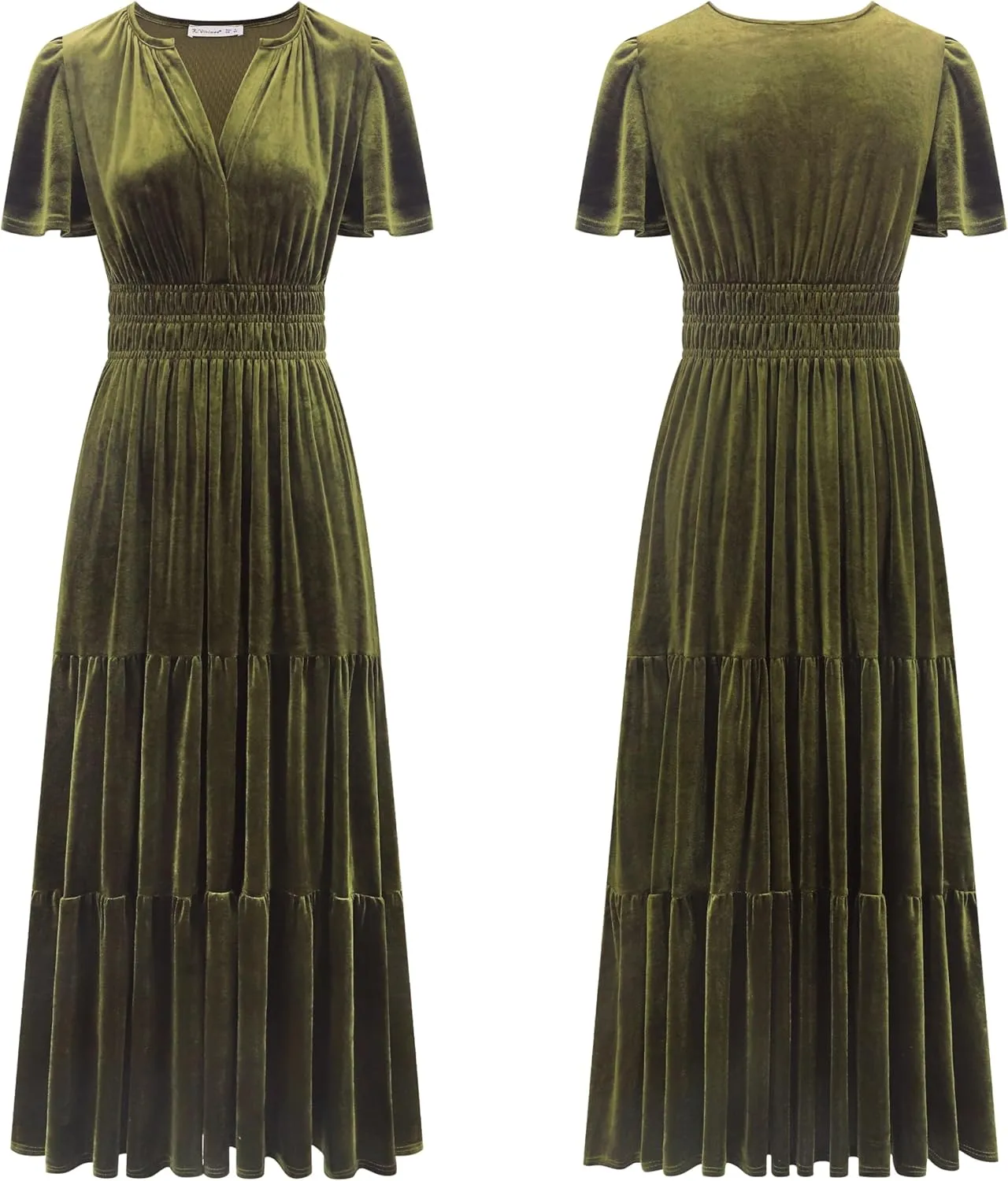 R.Vivimos Women's Fall Winter Vintage Velvet Dress Short Sleeve V Neck Elastic Waist Tiered Ruffle A-Line Flowy Maxi Dress