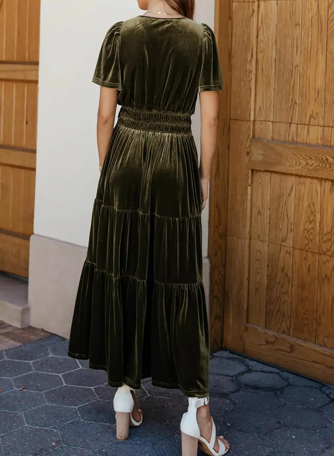 R.Vivimos Women's Fall Winter Vintage Velvet Dress Short Sleeve V Neck Elastic Waist Tiered Ruffle A-Line Flowy Maxi Dress