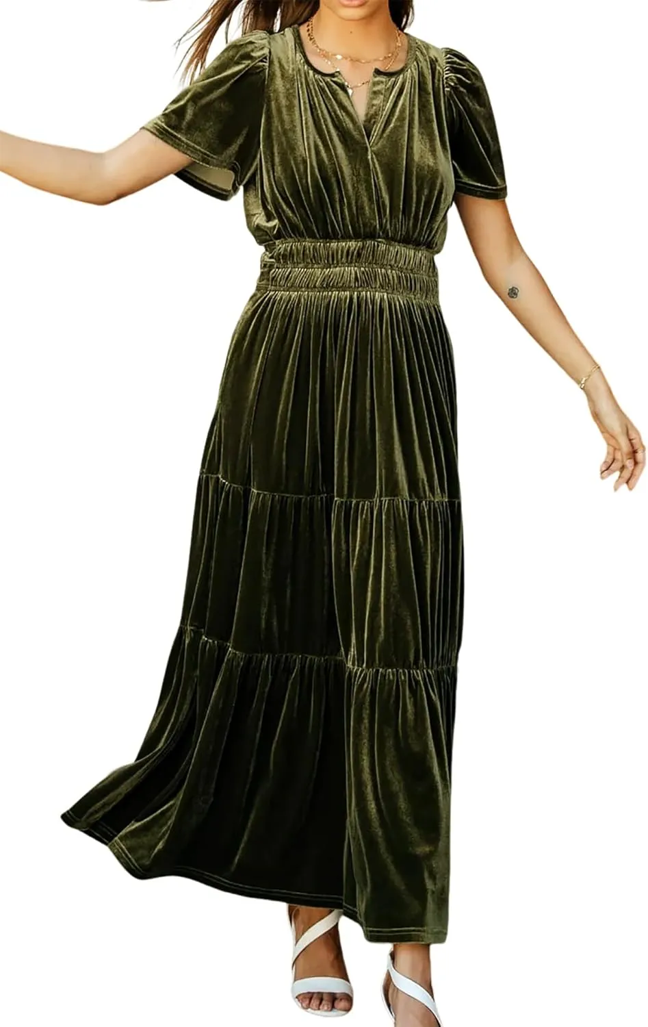 R.Vivimos Women's Fall Winter Vintage Velvet Dress Short Sleeve V Neck Elastic Waist Tiered Ruffle A-Line Flowy Maxi Dress