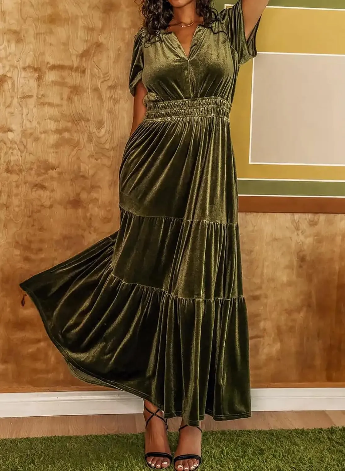 R.Vivimos Women's Fall Winter Vintage Velvet Dress Short Sleeve V Neck Elastic Waist Tiered Ruffle A-Line Flowy Maxi Dress