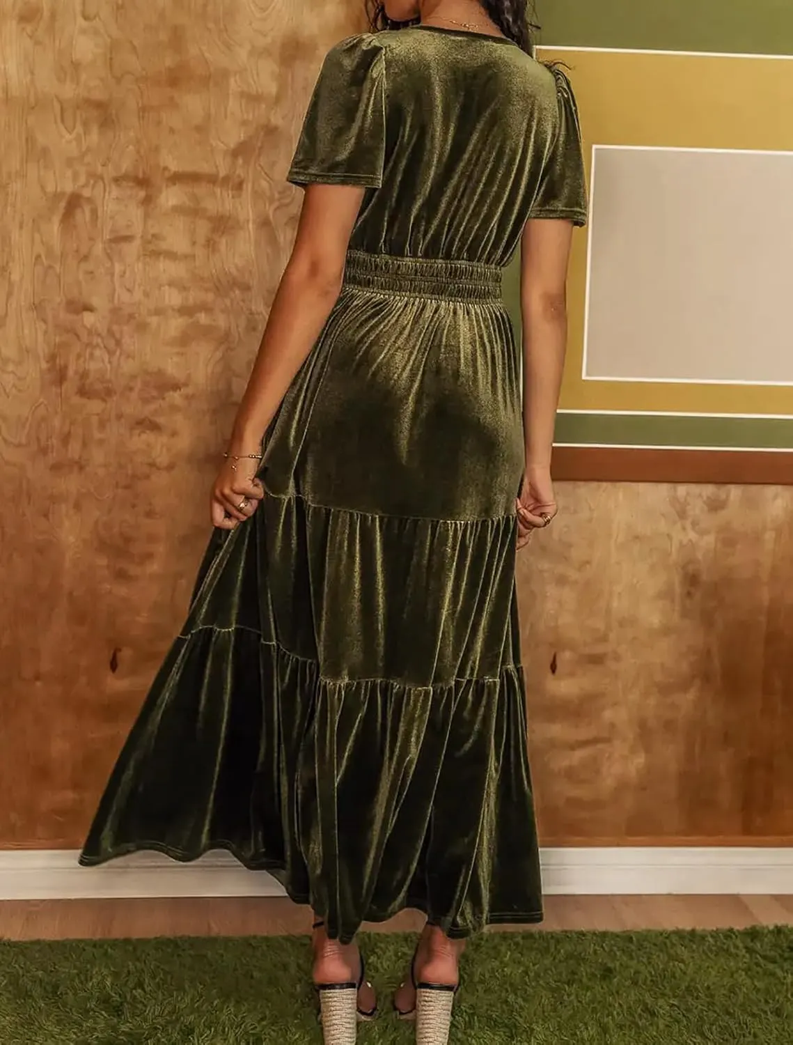 R.Vivimos Women's Fall Winter Vintage Velvet Dress Short Sleeve V Neck Elastic Waist Tiered Ruffle A-Line Flowy Maxi Dress