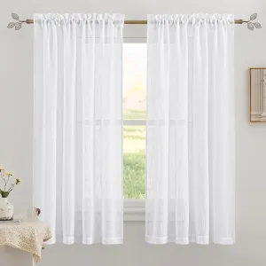 RYB HOME Semi Sheer Curtains 63 inches Length, Short Linen Textured Breathable Curtains Panels for Bay Window Farmhouse, Rod Pocket, Indoor, White, 52 x 63 Inch Length 2 Panels