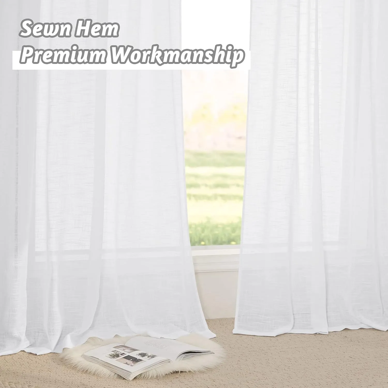 RYB HOME Semi Sheer Curtains 63 inches Length, Short Linen Textured Breathable Curtains Panels for Bay Window Farmhouse, Rod Pocket, Indoor, White, 52 x 63 Inch Length 2 Panels