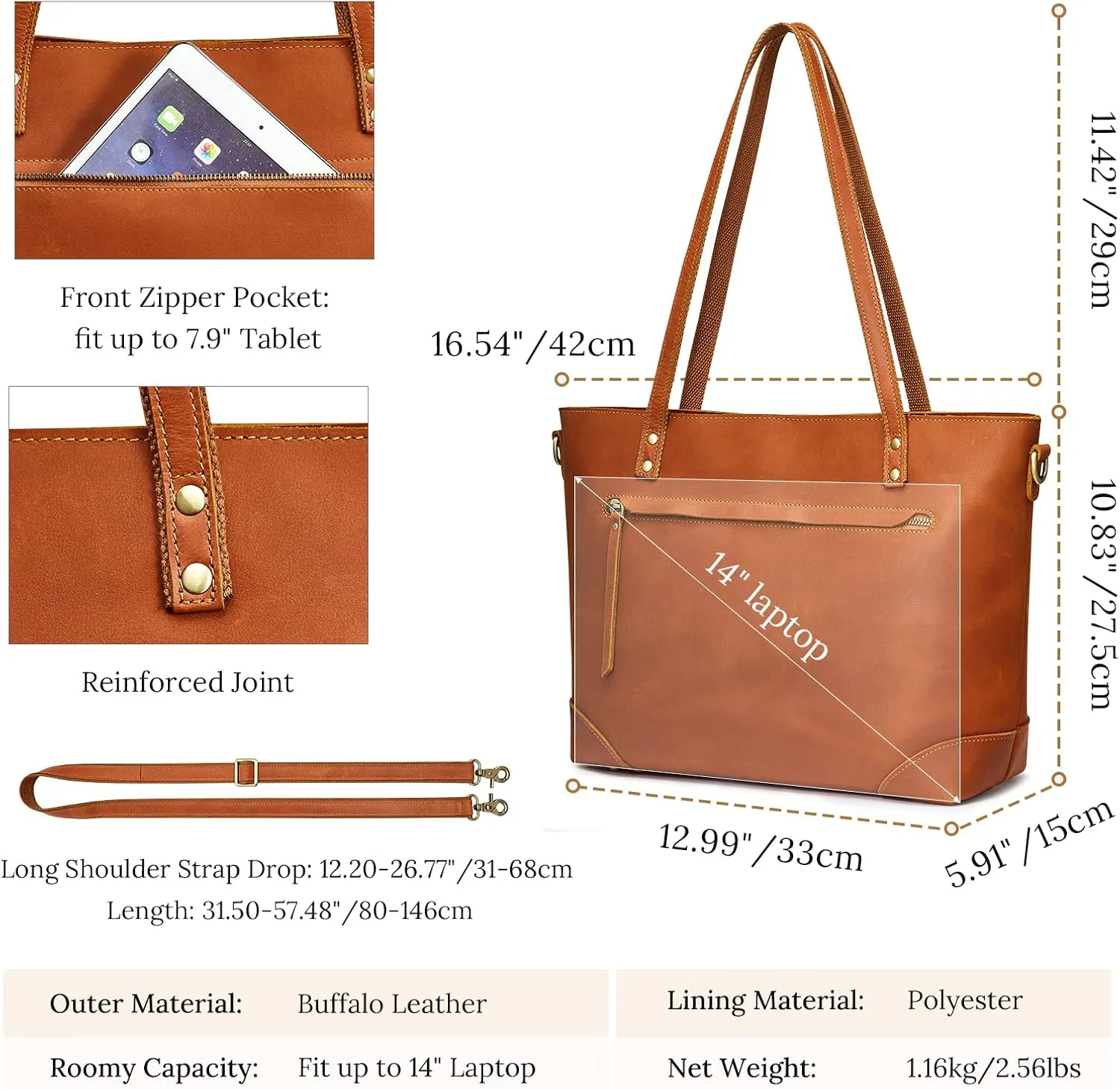 S-ZONE Genuine Leather Tote Bag for Women Work Shoulder Crossbody Purses Handbag with Outside Pockets