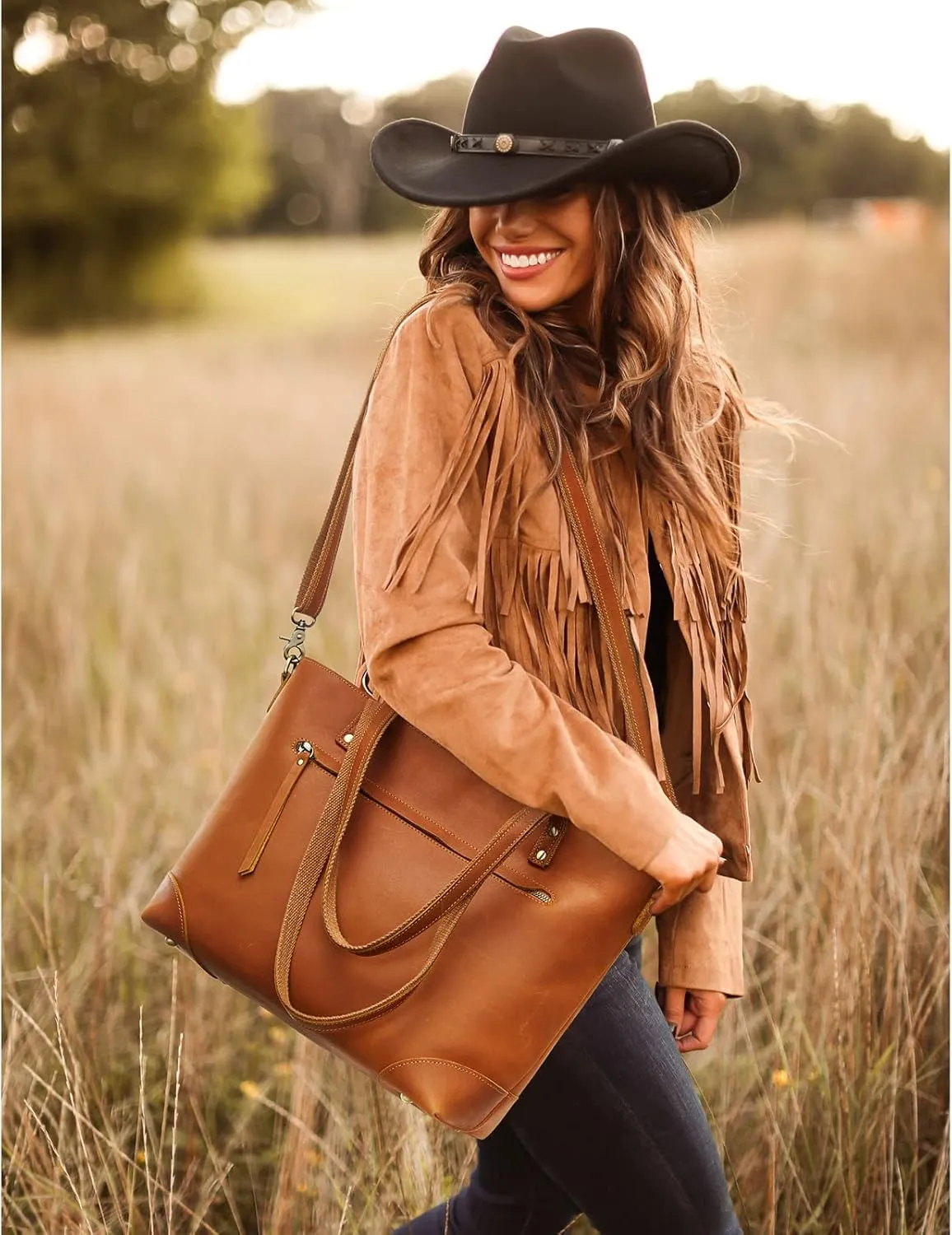 S-ZONE Genuine Leather Tote Bag for Women Work Shoulder Crossbody Purses Handbag with Outside Pockets