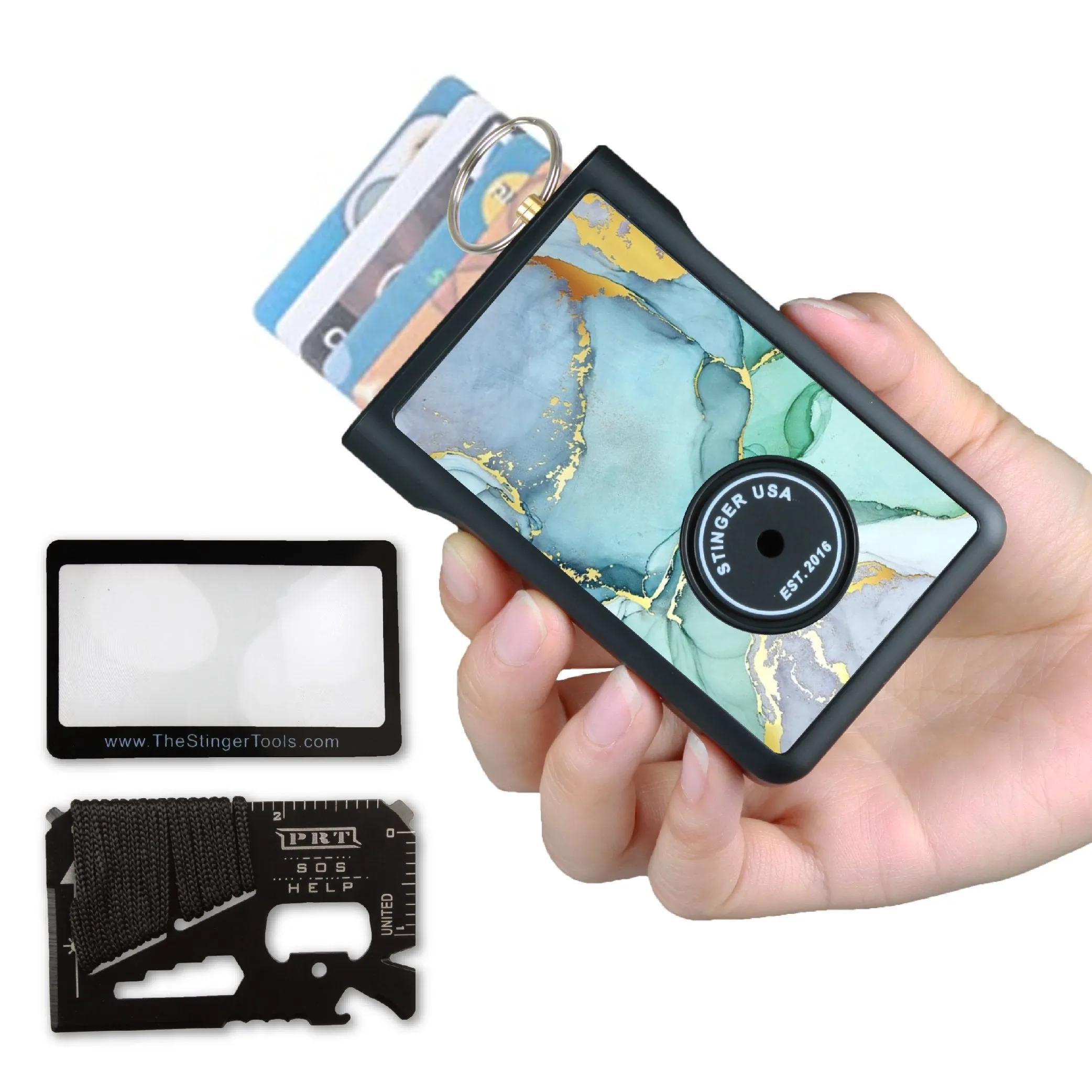Safety Wallet With Personal Alarm Multi Functional Tool (Black Marble)