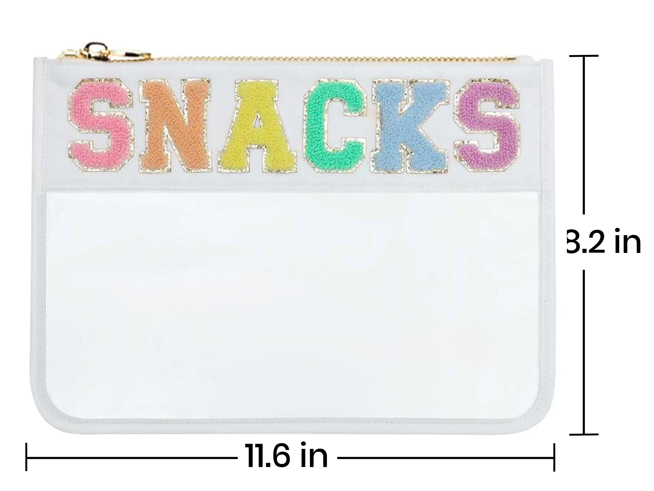 Sage Nation Chenille Letter Snack Pouch - PVC and Nylon Clear Snack Bag for Travel and Organization, Glitter Travel Bag With Zipper For Women and Children, White Snacks Bag, Chenille Letter Bag