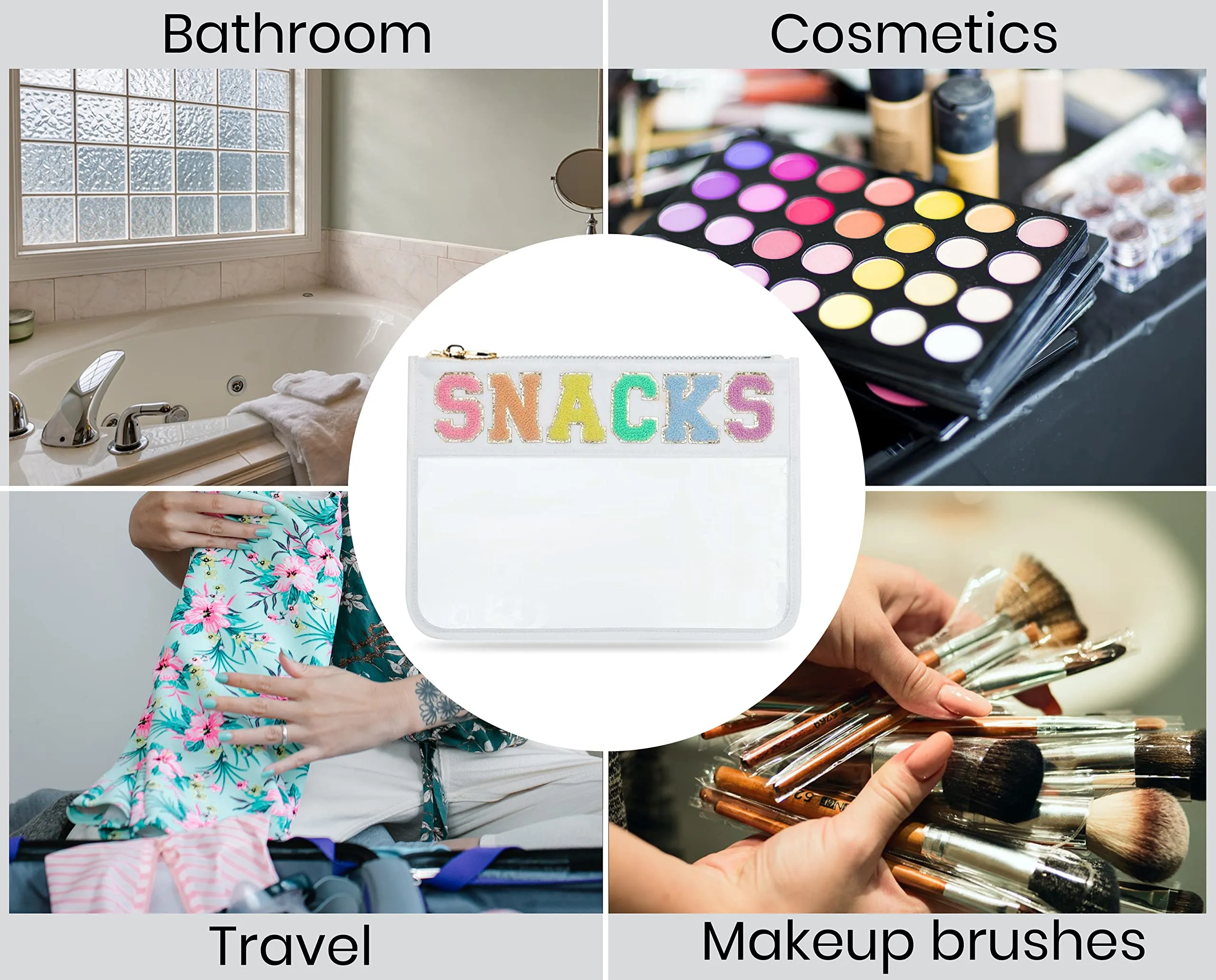 Sage Nation Chenille Letter Snack Pouch - PVC and Nylon Clear Snack Bag for Travel and Organization, Glitter Travel Bag With Zipper For Women and Children, White Snacks Bag, Chenille Letter Bag