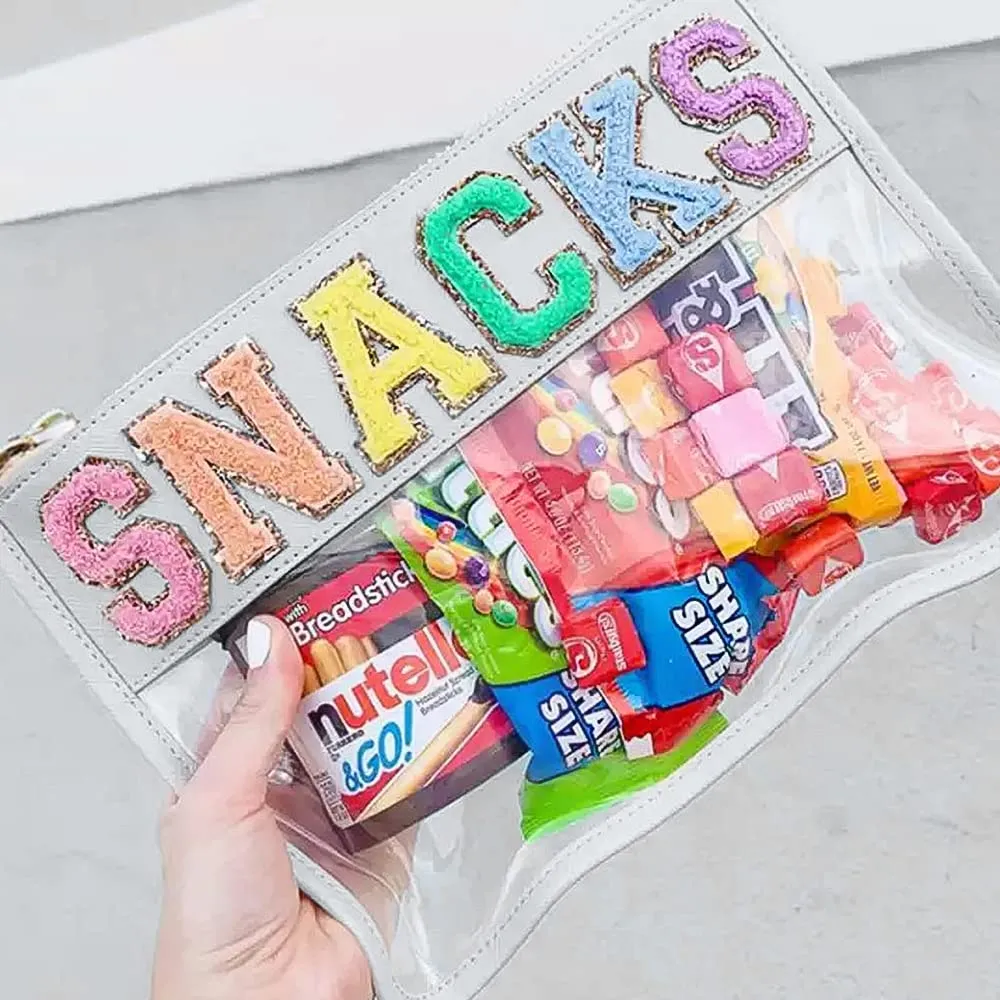 Sage Nation Chenille Letter Snack Pouch - PVC and Nylon Clear Snack Bag for Travel and Organization, Glitter Travel Bag With Zipper For Women and Children, White Snacks Bag, Chenille Letter Bag