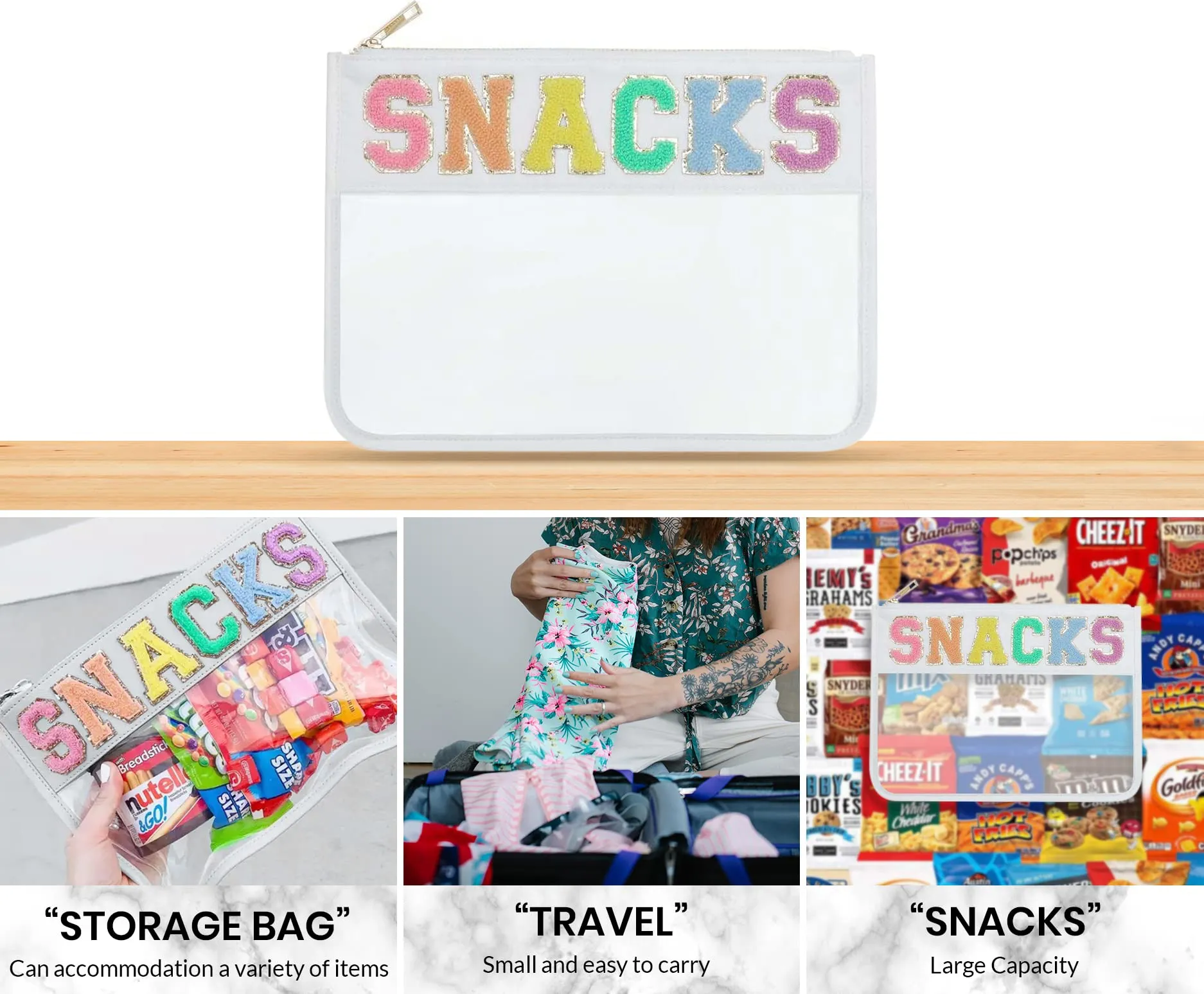 Sage Nation Chenille Letter Snack Pouch - PVC and Nylon Clear Snack Bag for Travel and Organization, Glitter Travel Bag With Zipper For Women and Children, White Snacks Bag, Chenille Letter Bag