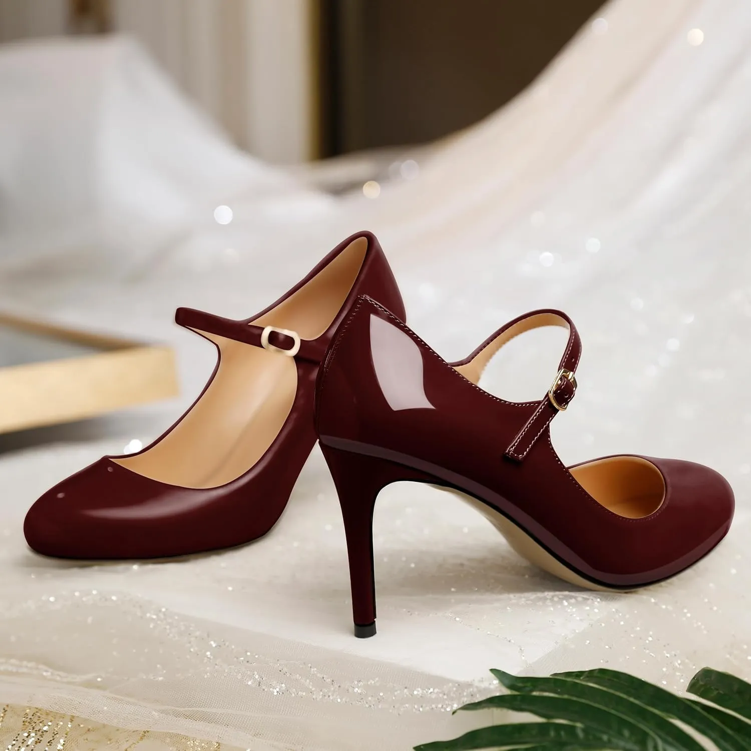 SAMMITOP Womens Mary Jane High Heel Pumps Stilettos Closed Round Toe Court Heels Office Party Wedding Dress Shoes 3.5 Inch