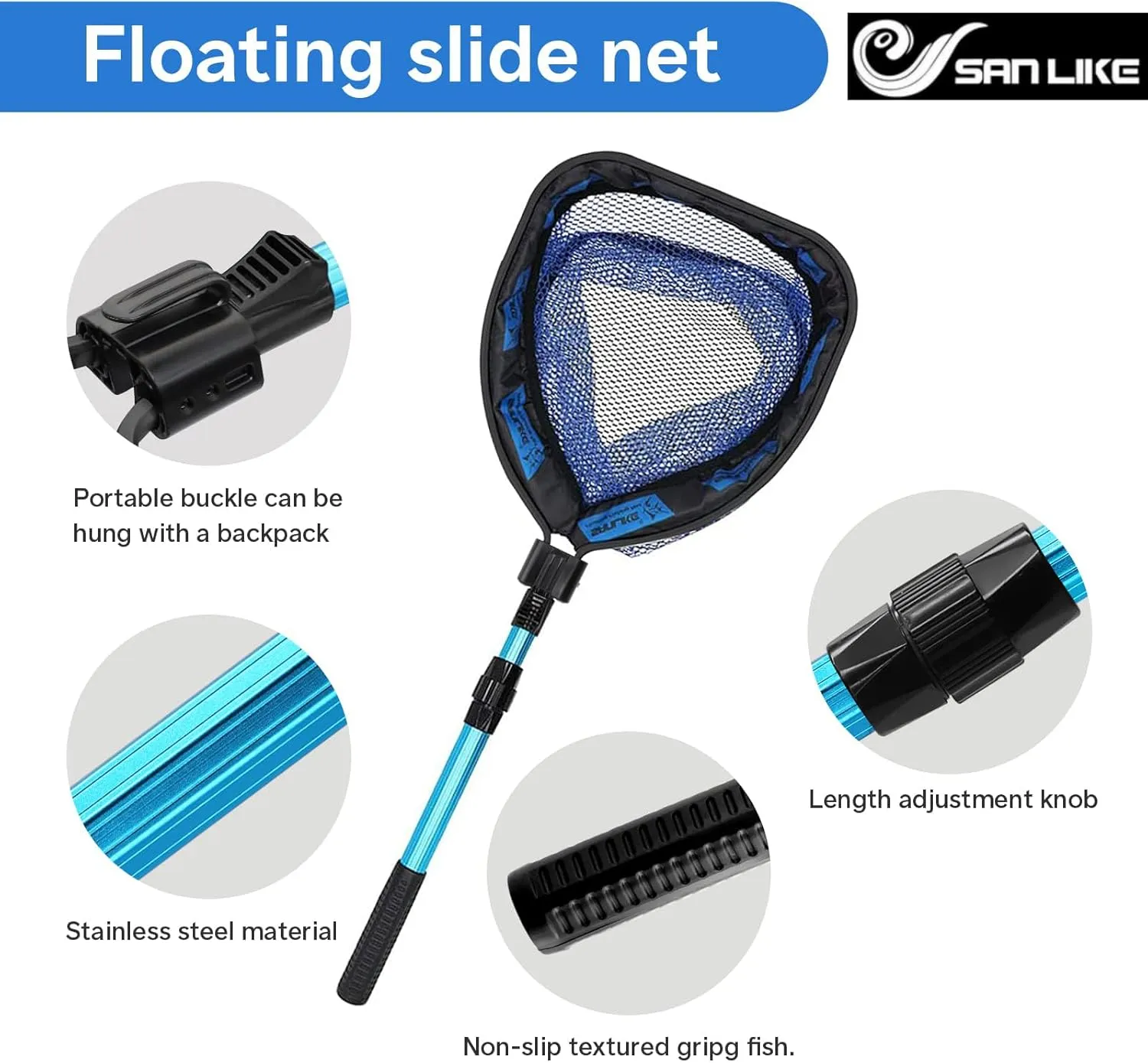 SAN LIKE Floating Fishing Net Collapsible Fishing Nets for Fish Fishing Landing Net with Telescopic Pole Rubber Coated Landing Net for Freshwater Saltwater Foldable Release Salmon Catfish Bass Trout