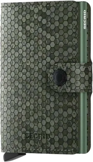 Secrid Leather wallet, features a compact and roomy design, the patented mechanism allows you to take out the cards with a simple movement, side closure with button, c-profile, Hexagon Green, One