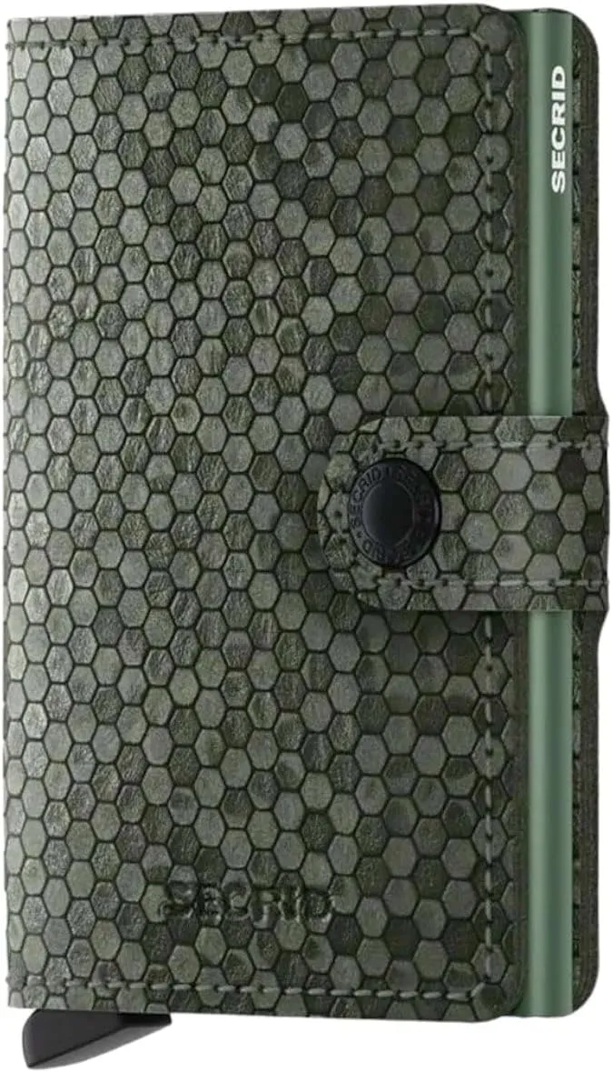 Secrid Leather wallet, features a compact and roomy design, the patented mechanism allows you to take out the cards with a simple movement, side closure with button, c-profile, Hexagon Green, One