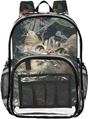 senya Transparent School Bag Cat Lotus Pond Travel Backpack With Water-Resistant PVC Plastic Clear Bagpack