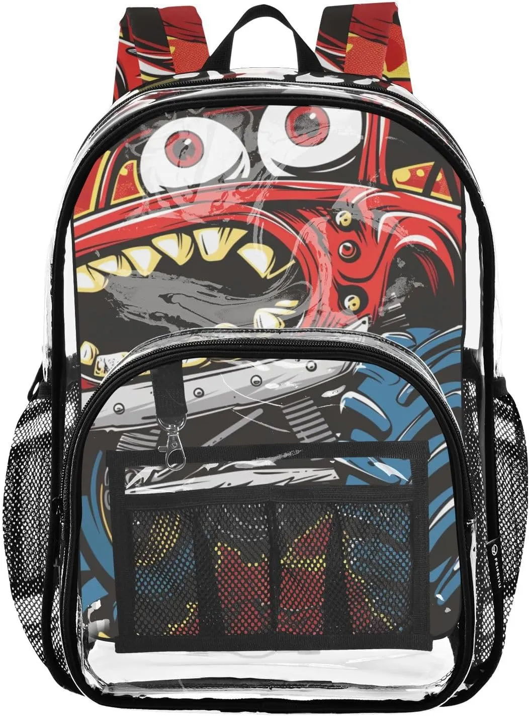 senya Transparent School Bag Red Monster Trucks Tines Travel Backpack With Water-Resistant PVC Plastic Clear Bagpack