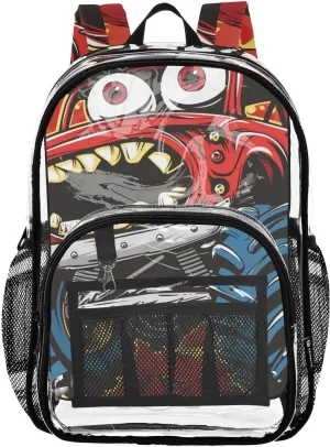 senya Transparent School Bag Red Monster Trucks Tines Travel Backpack With Water-Resistant PVC Plastic Clear Bagpack