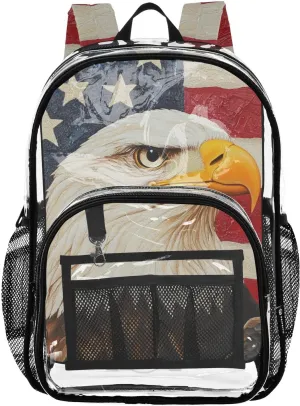 senya Transparent School Bag Serious Bald Eagle Flag Travel Backpack With Water-Resistant PVC Plastic Clear Bagpack