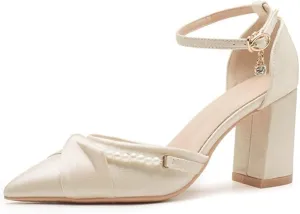 Sharp Head Chunky Hollow High Heels with Sweet Satin Pearl Buckle with 7cm/2.76in High Heel Shoes