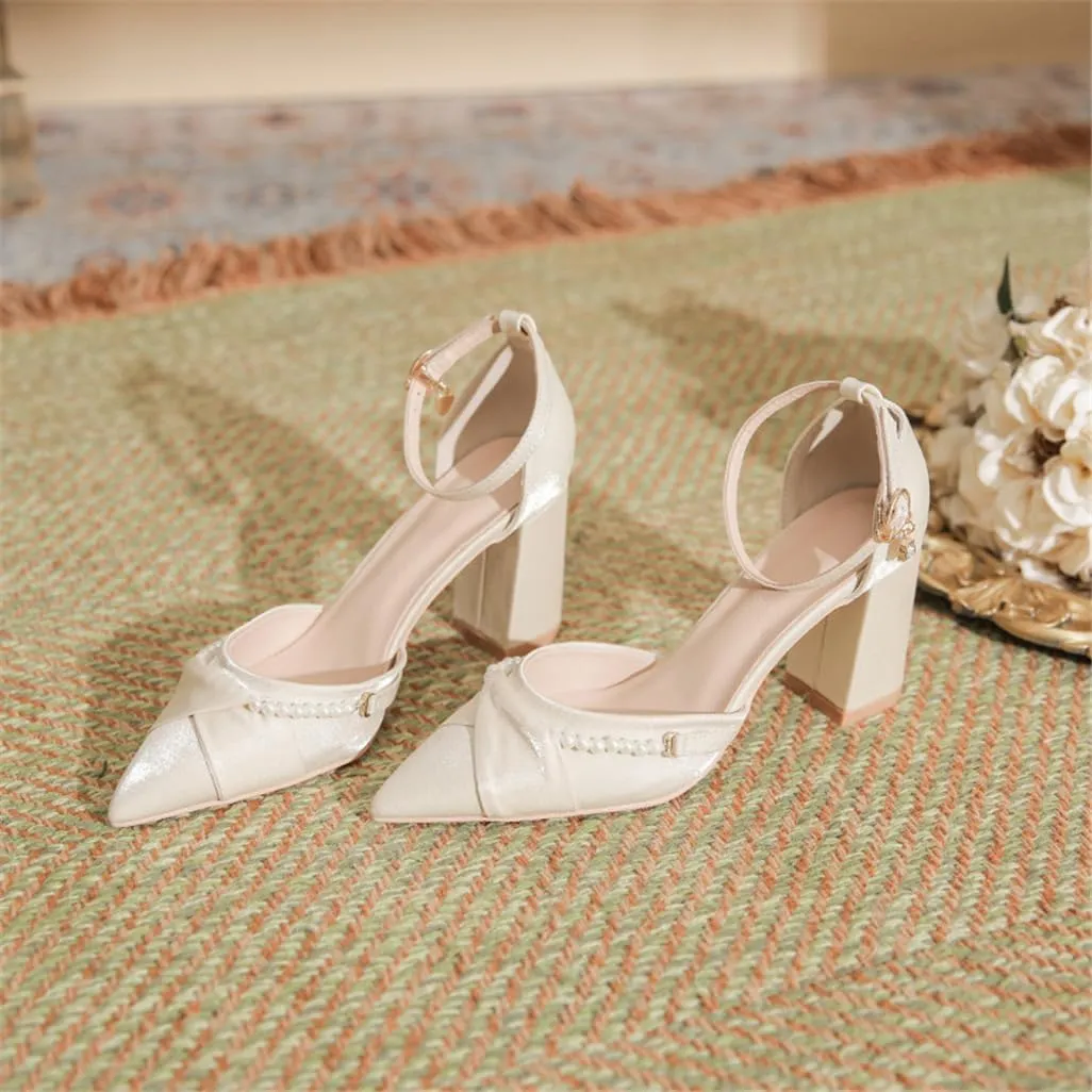Sharp Head Chunky Hollow High Heels with Sweet Satin Pearl Buckle with 7cm/2.76in High Heel Shoes