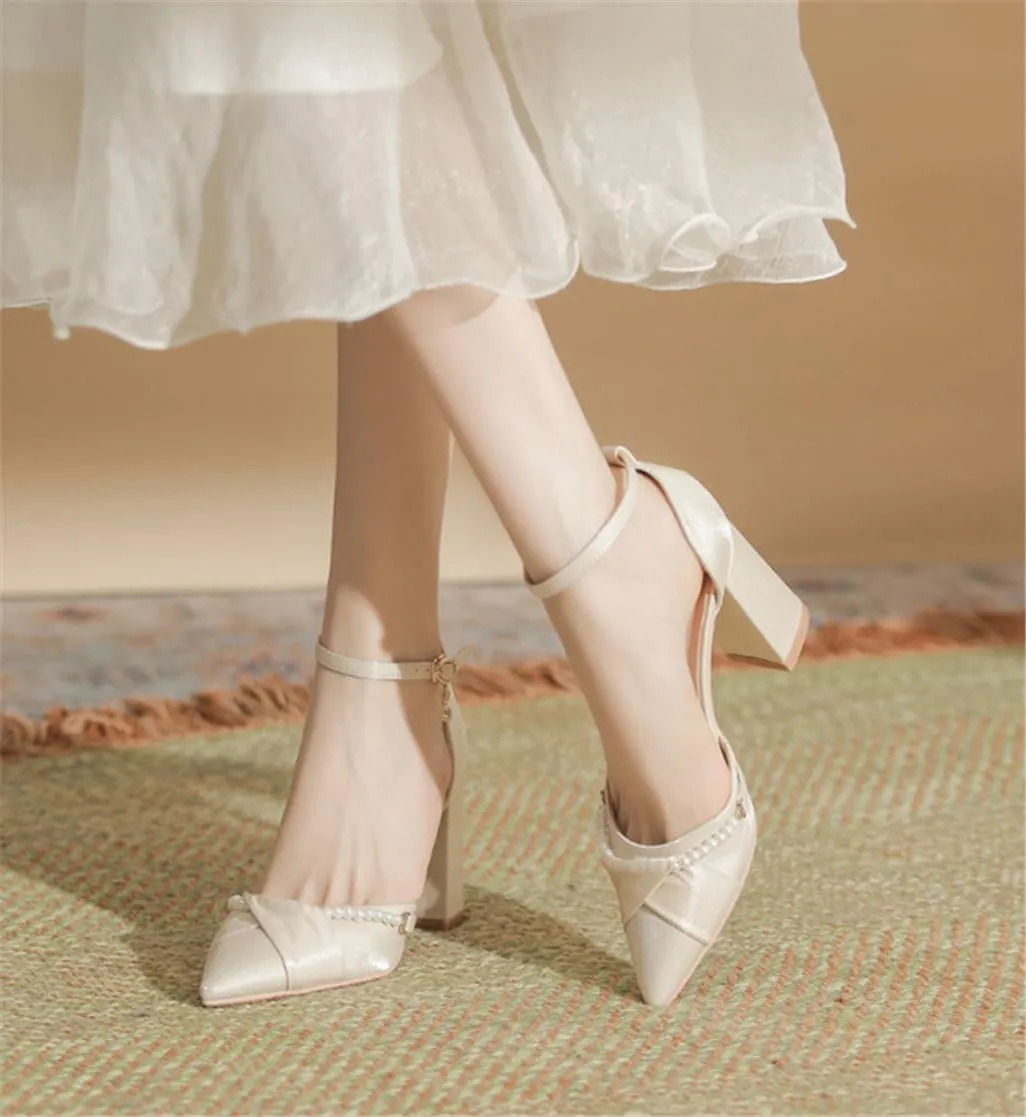 Sharp Head Chunky Hollow High Heels with Sweet Satin Pearl Buckle with 7cm/2.76in High Heel Shoes