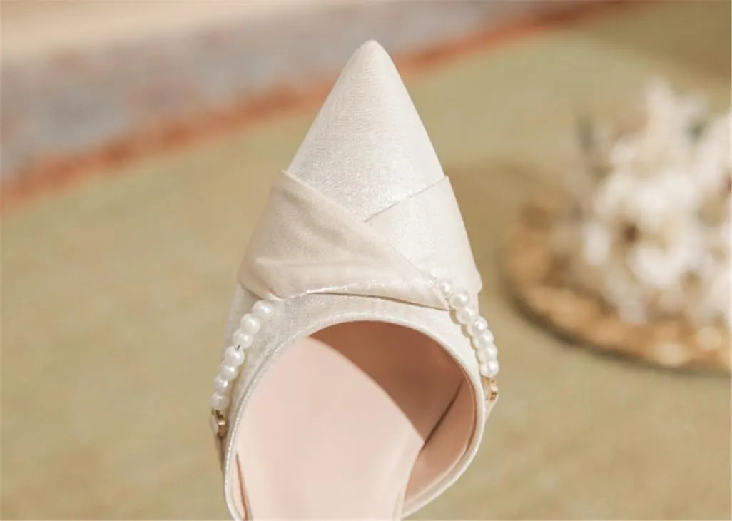 Sharp Head Chunky Hollow High Heels with Sweet Satin Pearl Buckle with 7cm/2.76in High Heel Shoes