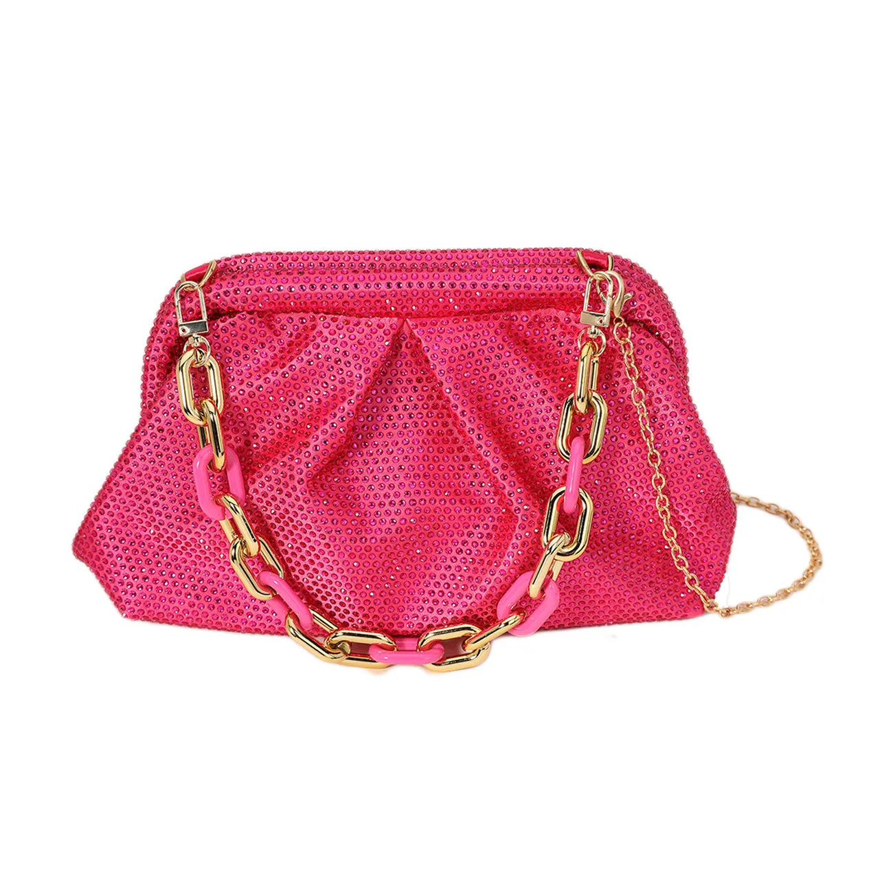 Shimmering Bling Champagne Stud Chunky Chain Strap Evening Clutch Bag