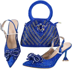 Shimmering Crystal Evening Banquet High Heel Pumps Italian Leather Clutch Bag Set