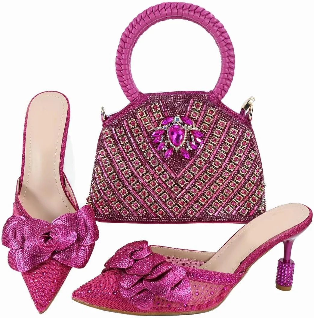 Shimmering Crystal Evening Banquet High Heel Pumps Italian Leather Clutch Bag Set