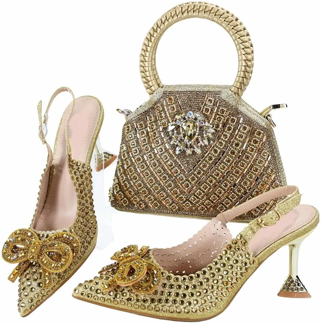 Shimmering Crystal Evening Banquet High Heel Pumps Italian Leather Clutch Bag Set