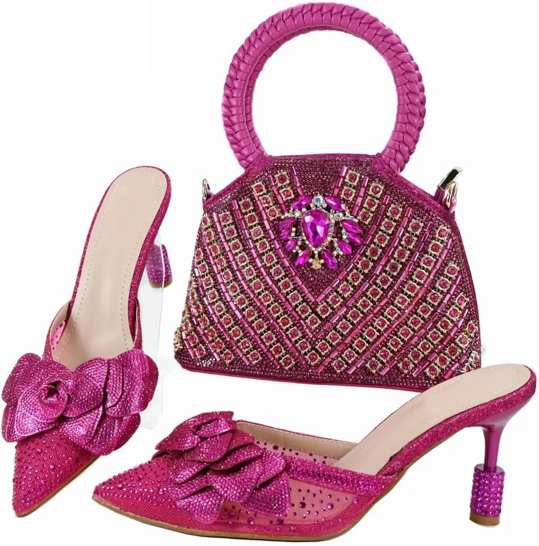 Shimmering Crystal Evening Banquet High Heel Pumps Italian Leather Clutch Bag Set