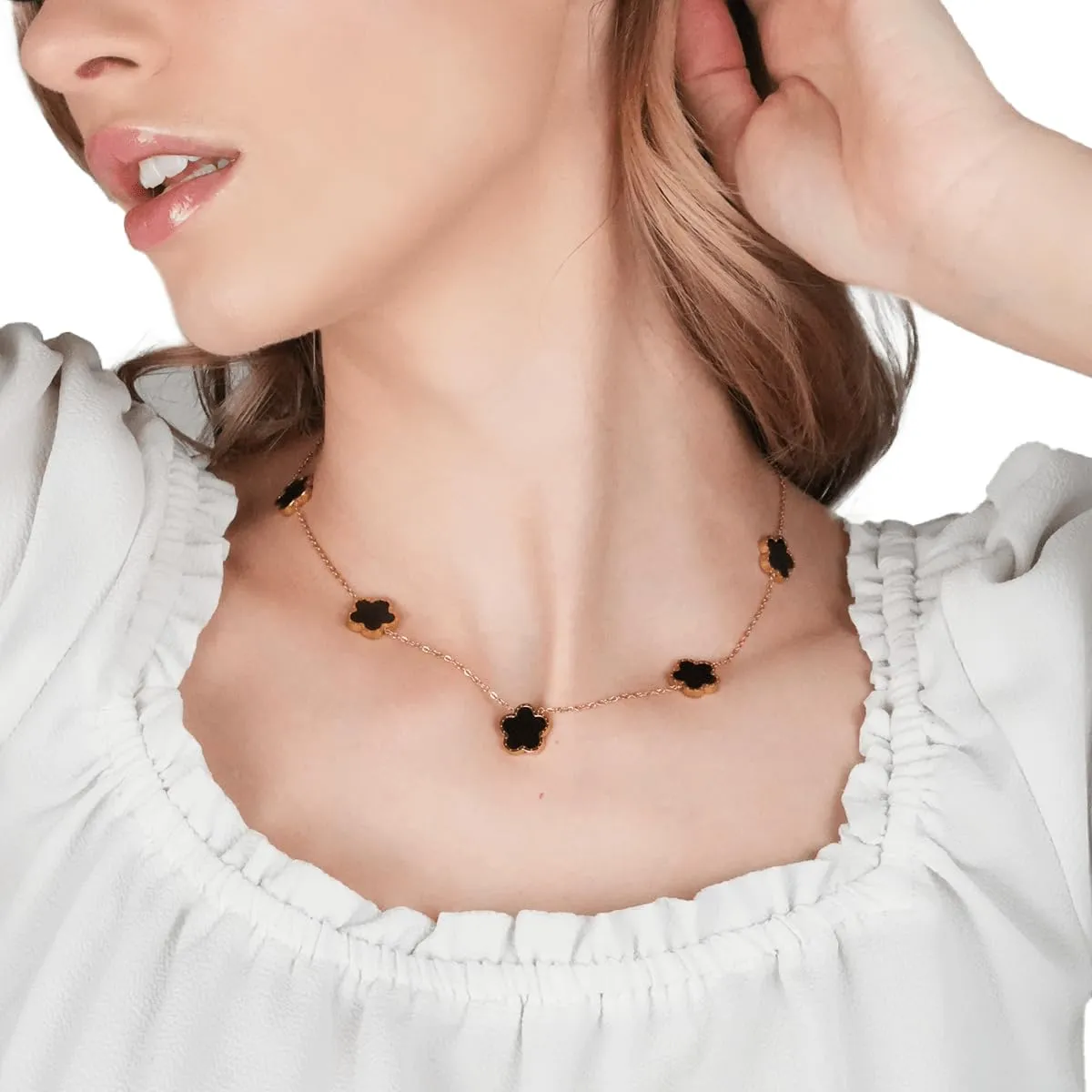 SHINYY 5 Leaf Clover Choker Necklace for Women 18K Gold Plated Stainless Steel Black Lucky Five Leaf Dangle Chain Jewelry Gift for Mother and Daughter