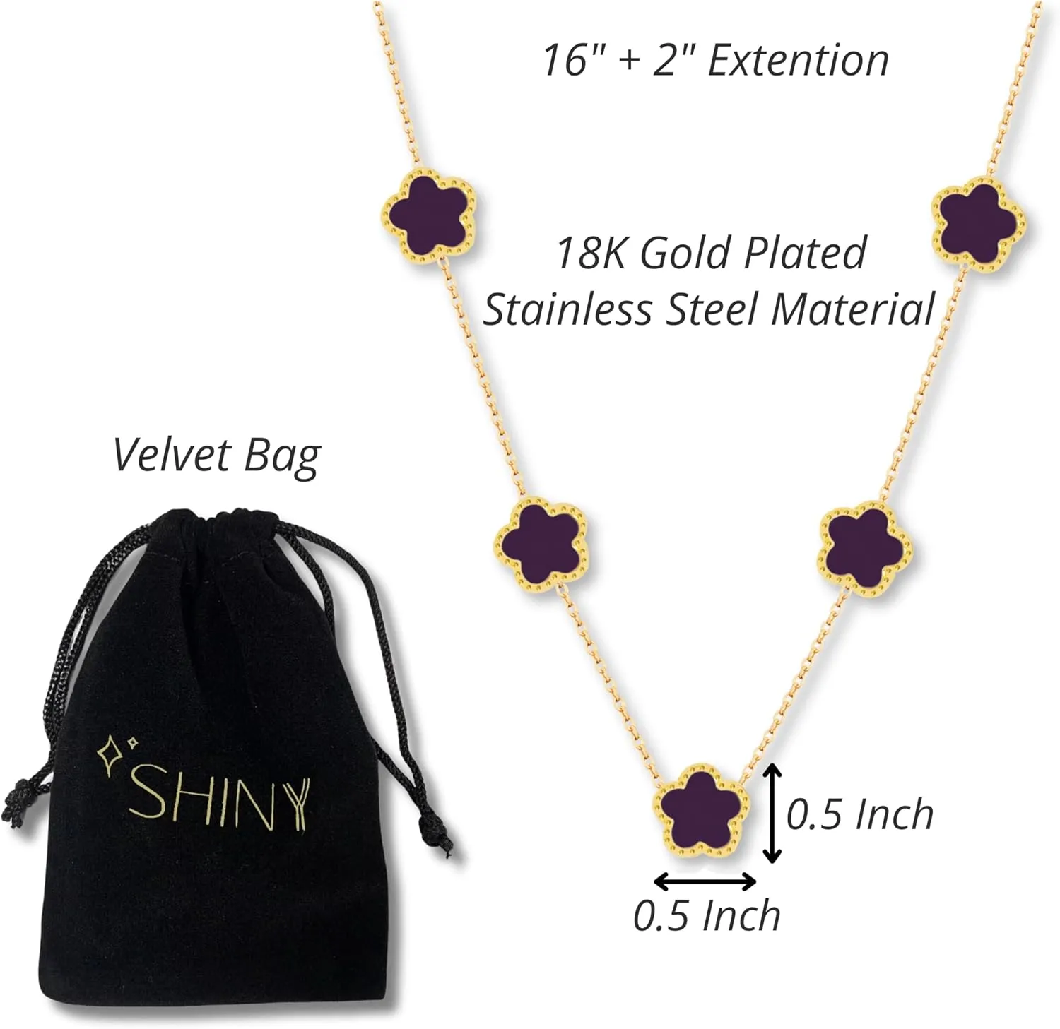 SHINYY 5 Leaf Clover Choker Necklace for Women 18K Gold Plated Stainless Steel Black Lucky Five Leaf Dangle Chain Jewelry Gift for Mother and Daughter