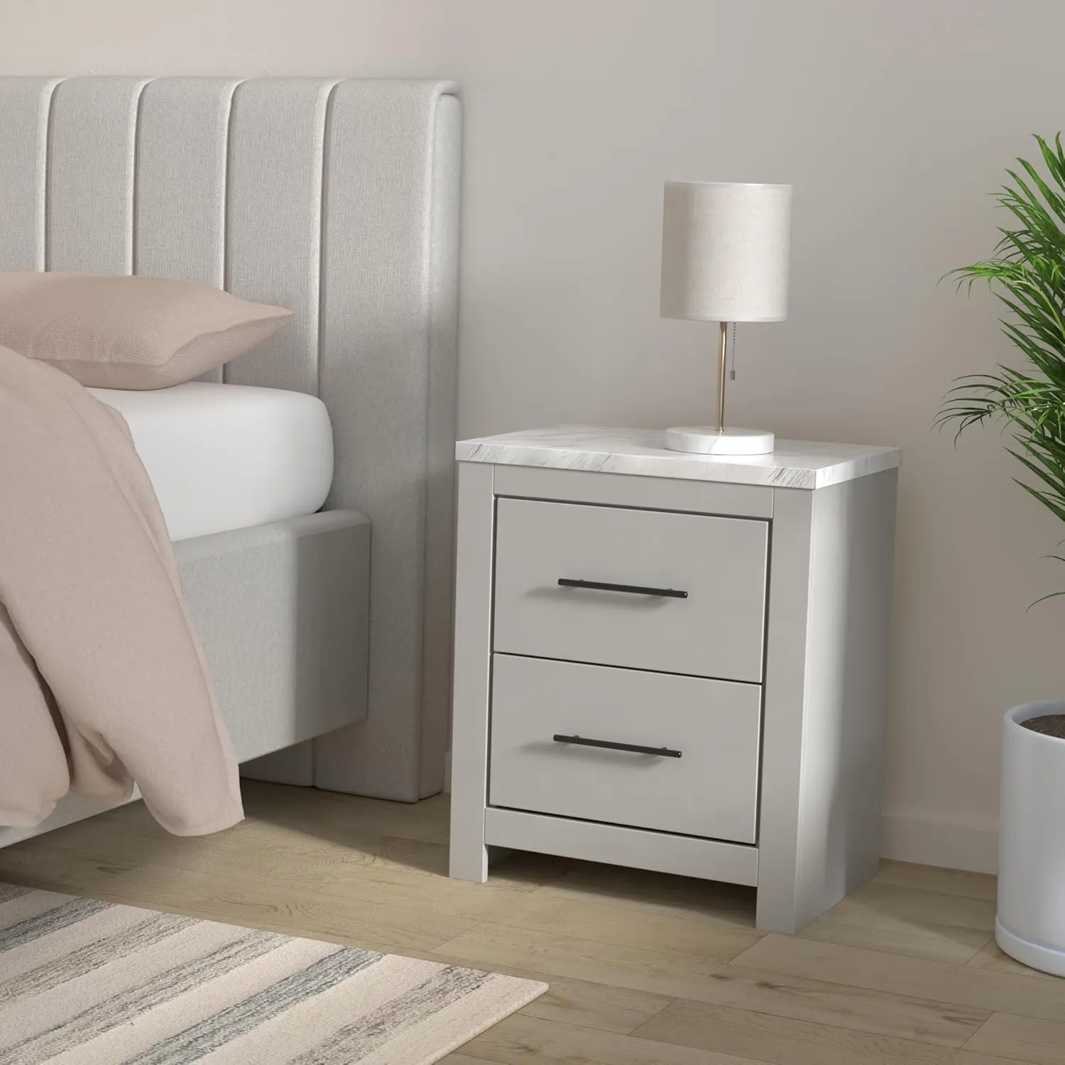 Signature Design by Ashley Cottonburg Contemporary 2 Drawer Nightstand, 24.72" Tall, Light Gray/White