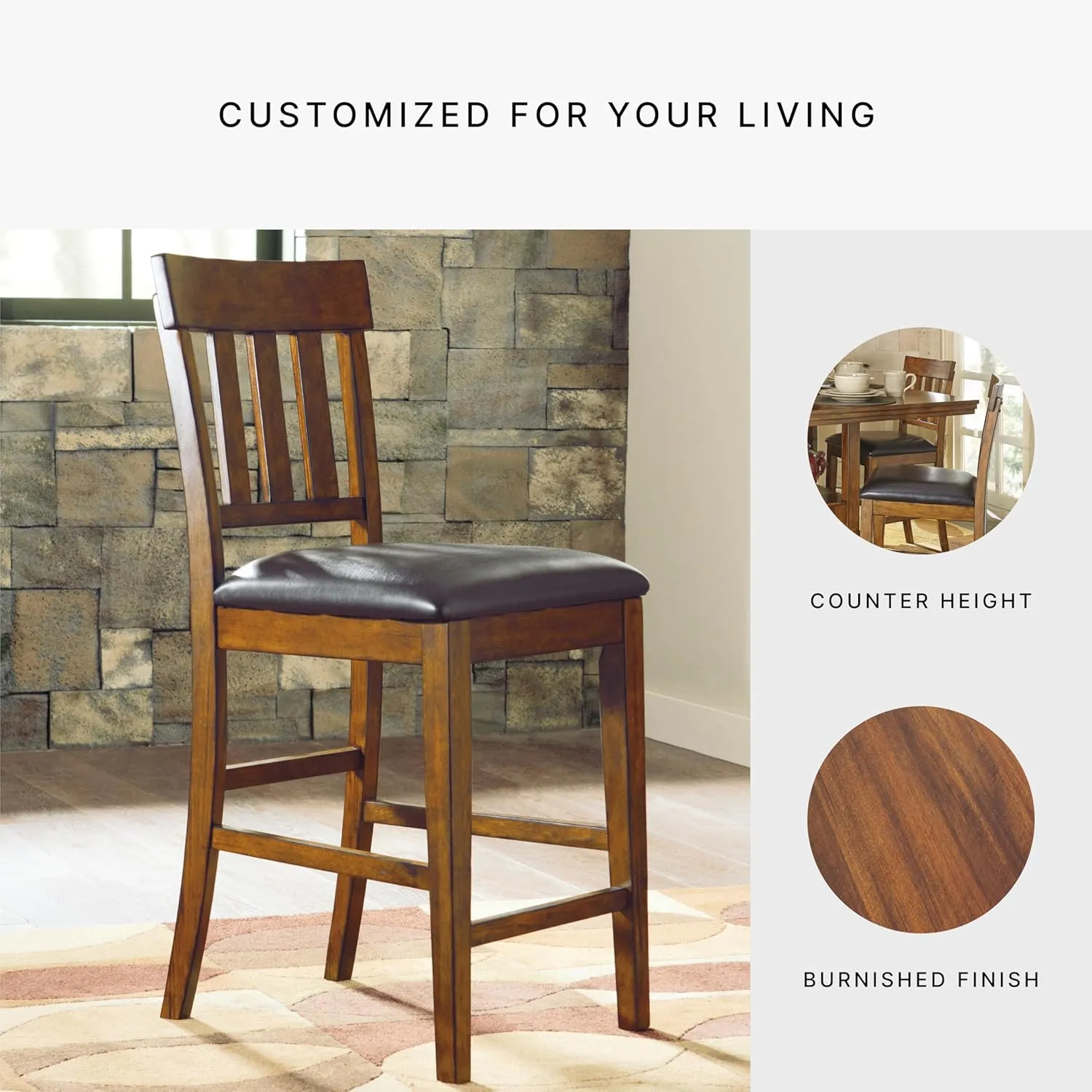 Signature Design by Ashley Ralene Traditional 26" Counter Height Faux Leather Seat Barstool, 2 Count, Brown