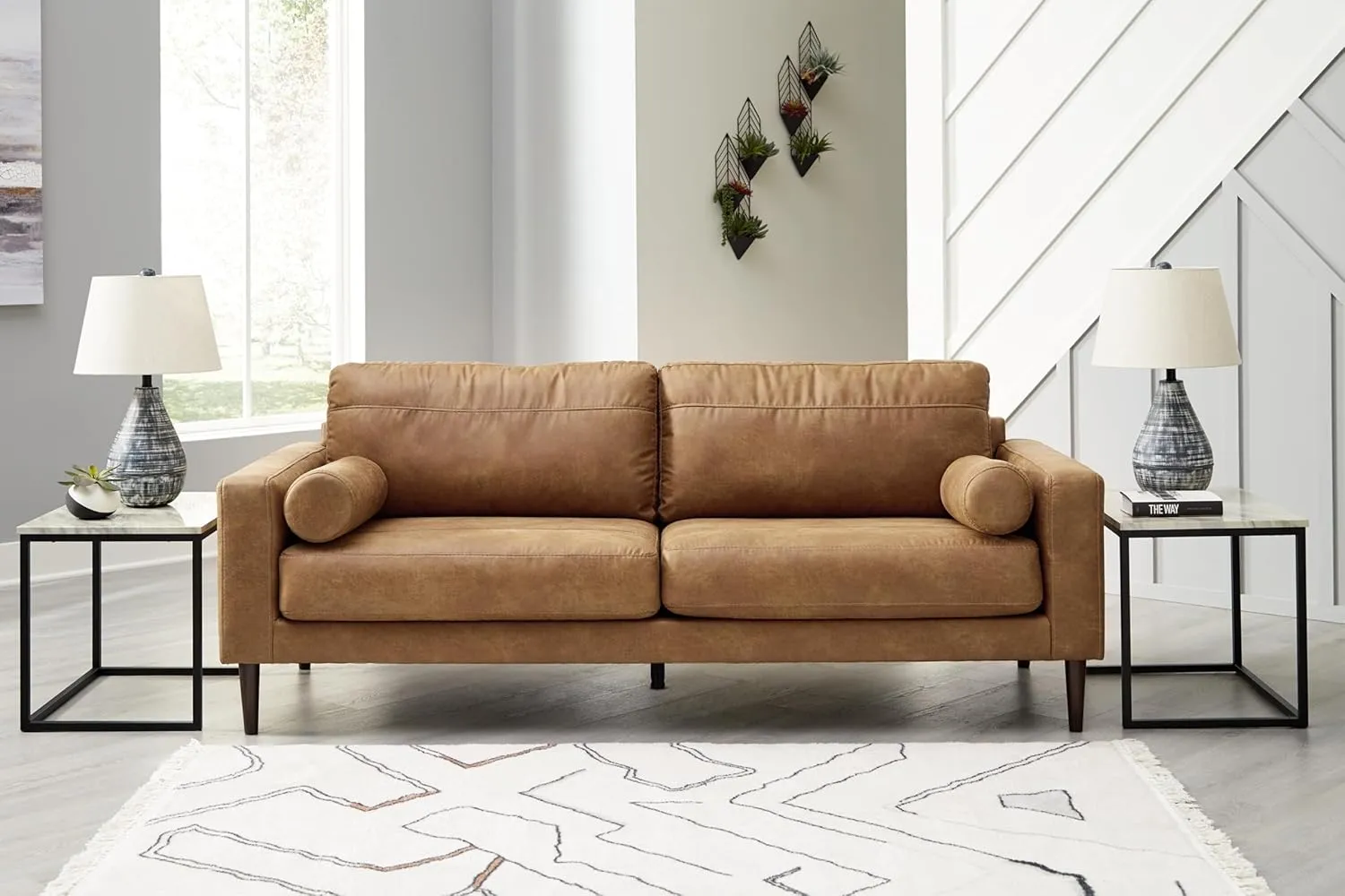 Signature Design by Ashley Telora Modern Faux Leather Sofa with 2 Bolster Pillows, Dark Brown