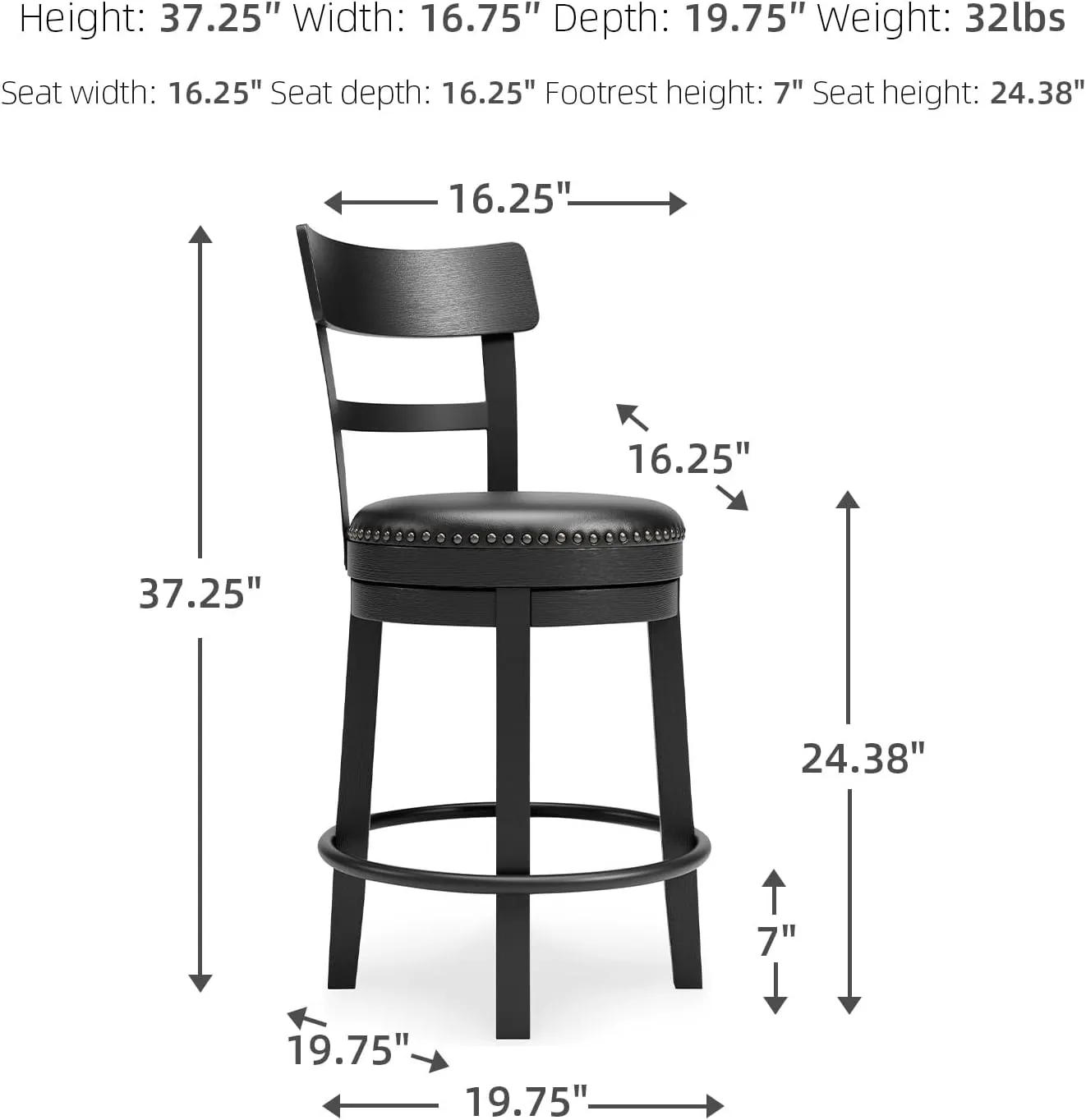 Signature Design by Ashley Valebeck Faux Leather Pub Height Swivel Barstool, 24.38' Seat Height, Black