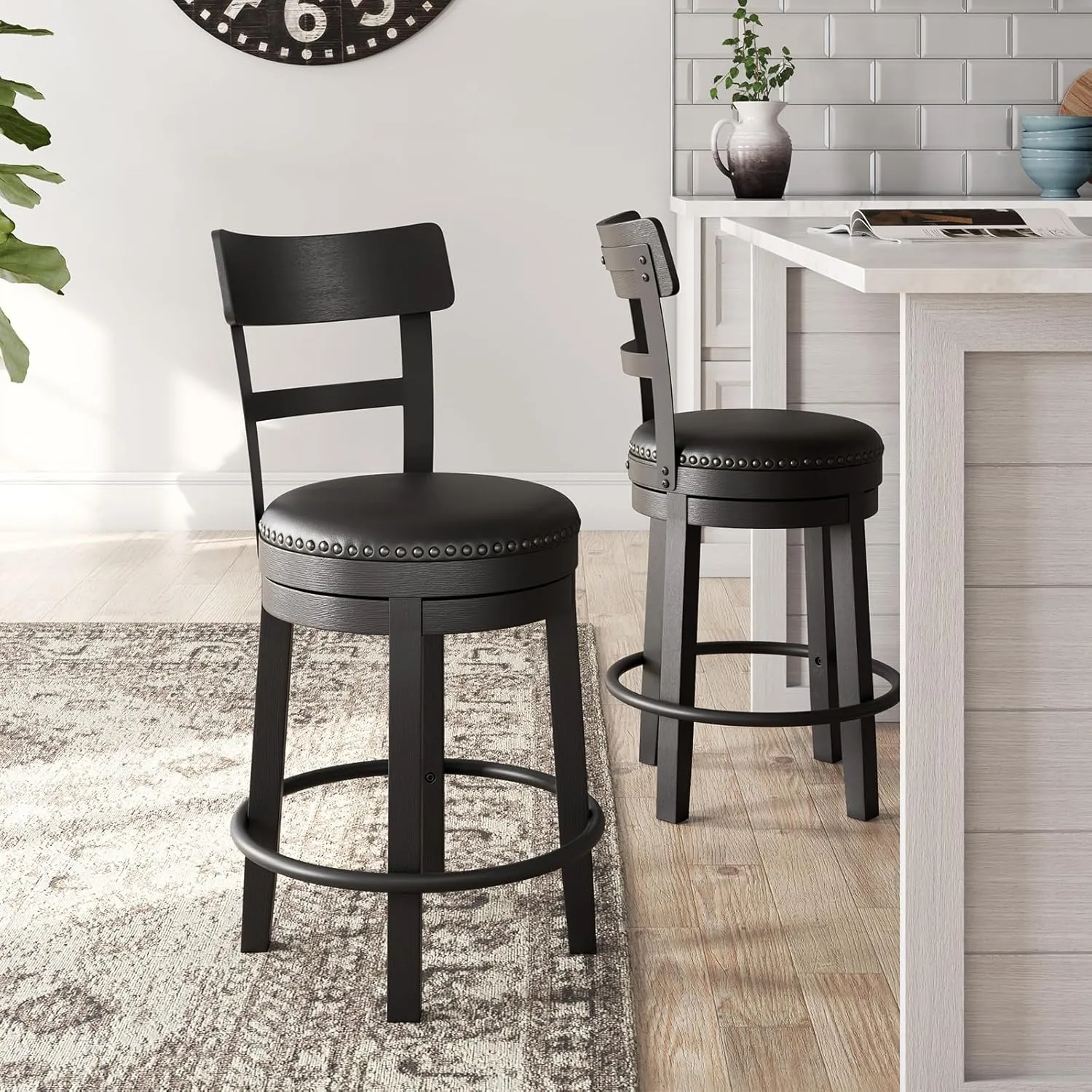 Signature Design by Ashley Valebeck Faux Leather Pub Height Swivel Barstool, 24.38' Seat Height, Black