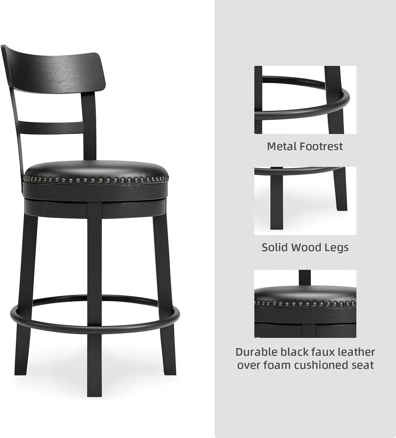 Signature Design by Ashley Valebeck Faux Leather Pub Height Swivel Barstool, 24.38' Seat Height, Black