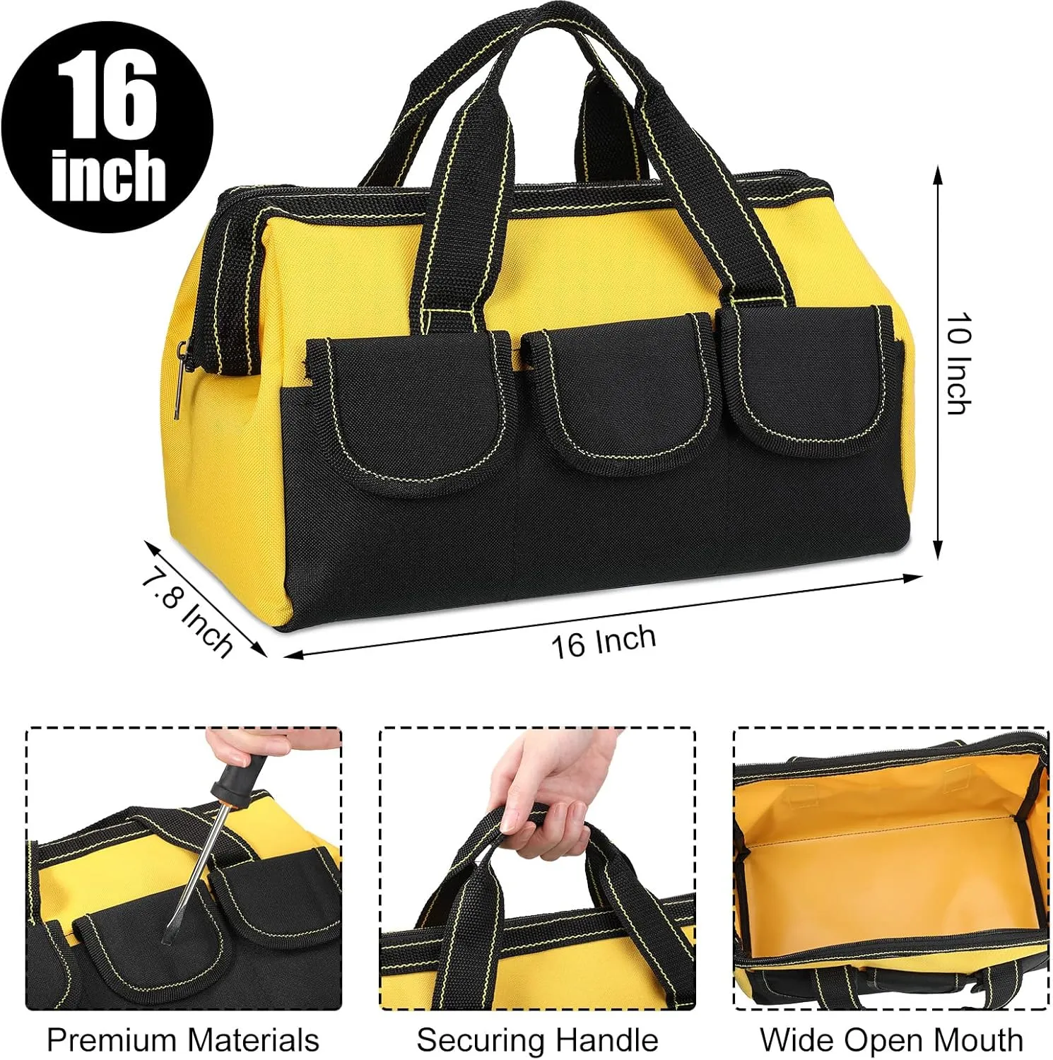 Silkfly 6 Pcs Tool Bag for Men Women Heavy Duty Tool Tote with Waterproof Hard Bottom Multi Pockets Large Mouth Organizer for Various Worker Electrician Carpenter Mechanic(Blue Red Yellow,16 Inch)