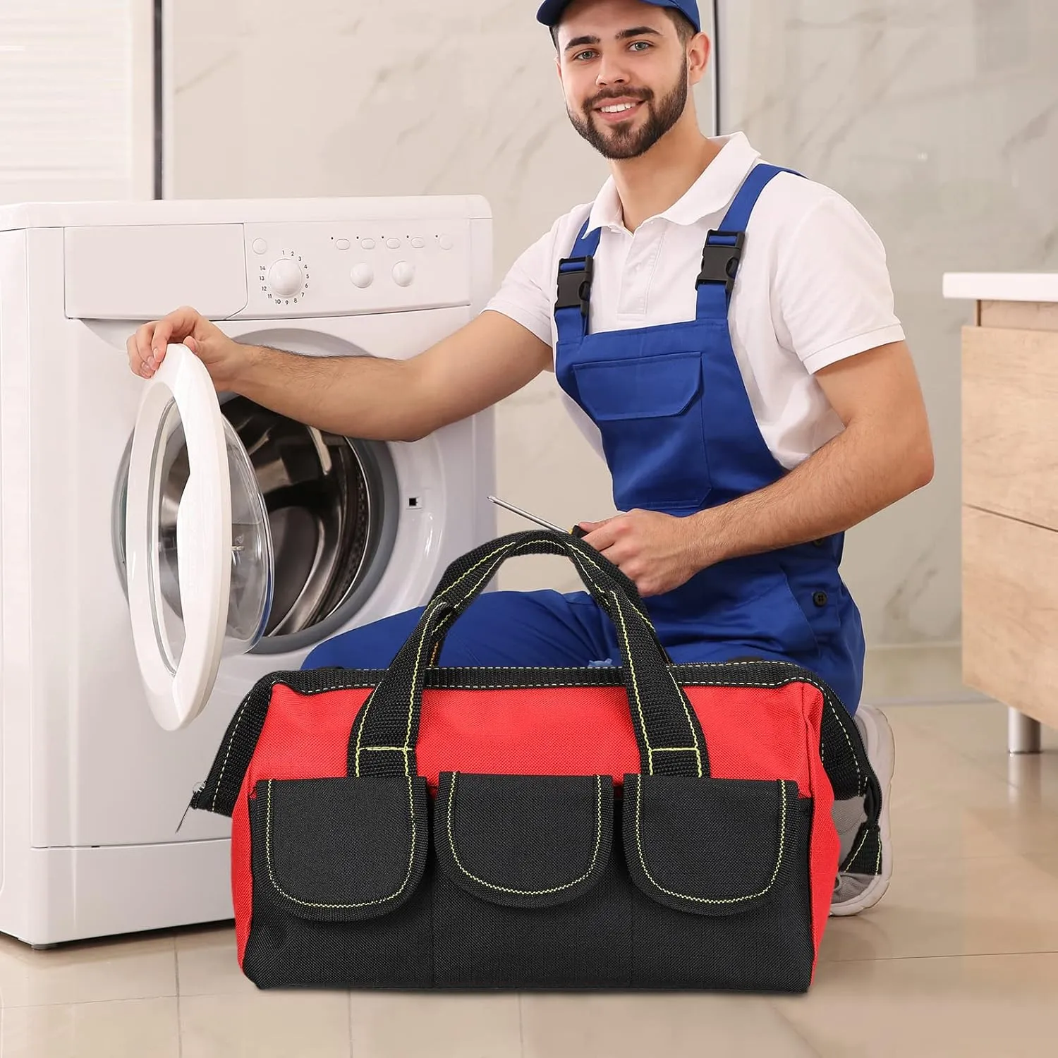 Silkfly 6 Pcs Tool Bag for Men Women Heavy Duty Tool Tote with Waterproof Hard Bottom Multi Pockets Large Mouth Organizer for Various Worker Electrician Carpenter Mechanic(Blue Red Yellow,16 Inch)