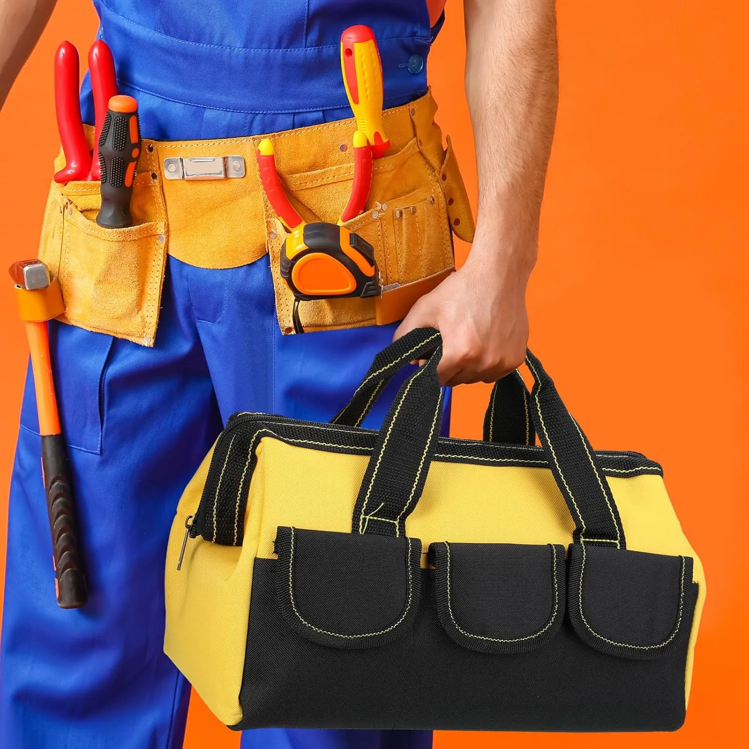 Silkfly 6 Pcs Tool Bag for Men Women Heavy Duty Tool Tote with Waterproof Hard Bottom Multi Pockets Large Mouth Organizer for Various Worker Electrician Carpenter Mechanic(Blue Red Yellow,16 Inch)