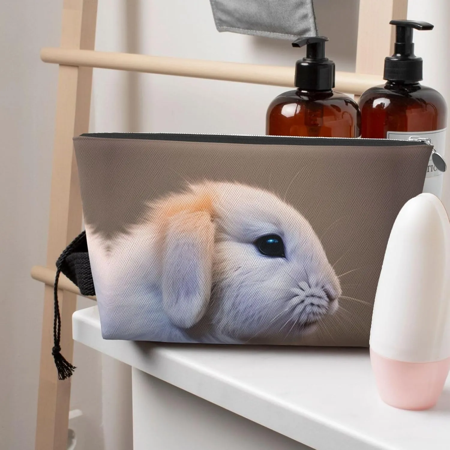 Silver Leather Travel Toiletry Bag - Reusable cry rabbit Cosmetic Makeup Accessories Organizer - Women Purse with Zipper