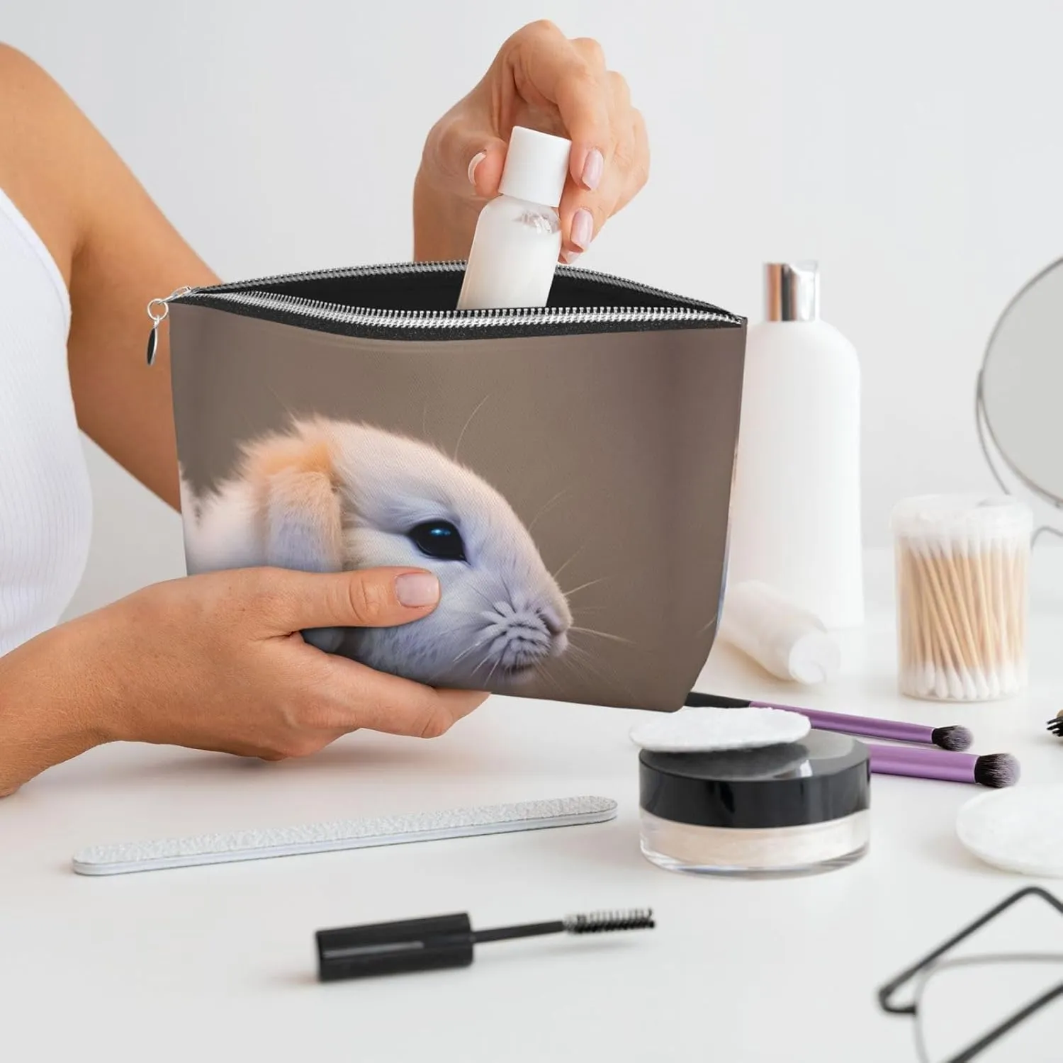 Silver Leather Travel Toiletry Bag - Reusable cry rabbit Cosmetic Makeup Accessories Organizer - Women Purse with Zipper