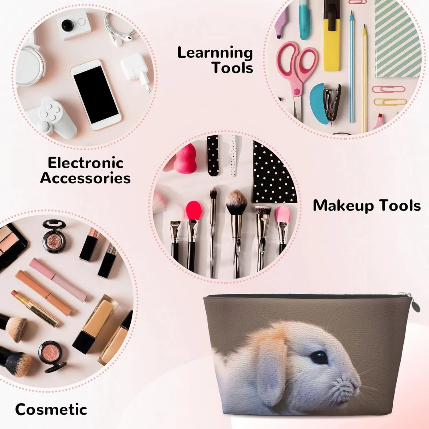 Silver Leather Travel Toiletry Bag - Reusable cry rabbit Cosmetic Makeup Accessories Organizer - Women Purse with Zipper