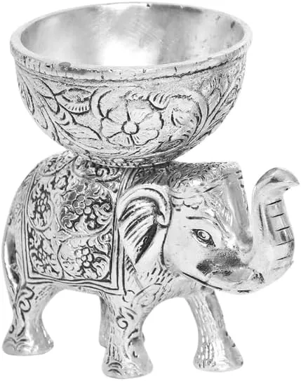 Silver Plated Elephant Bowl Showpiece Oxidized Finish with Best Wishes Tag