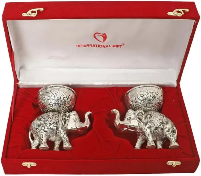 Silver Plated Elephant Bowl Showpiece Oxidized Finish with Best Wishes Tag