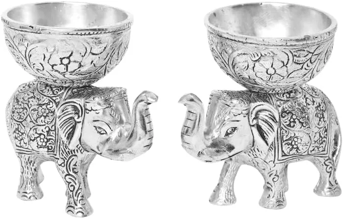 Silver Plated Elephant Bowl Showpiece Oxidized Finish with Best Wishes Tag